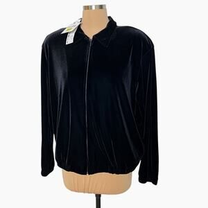 Vintage Joan Leslie Velour Jacket Size Small Black Full Zip Elastic Hem Soft